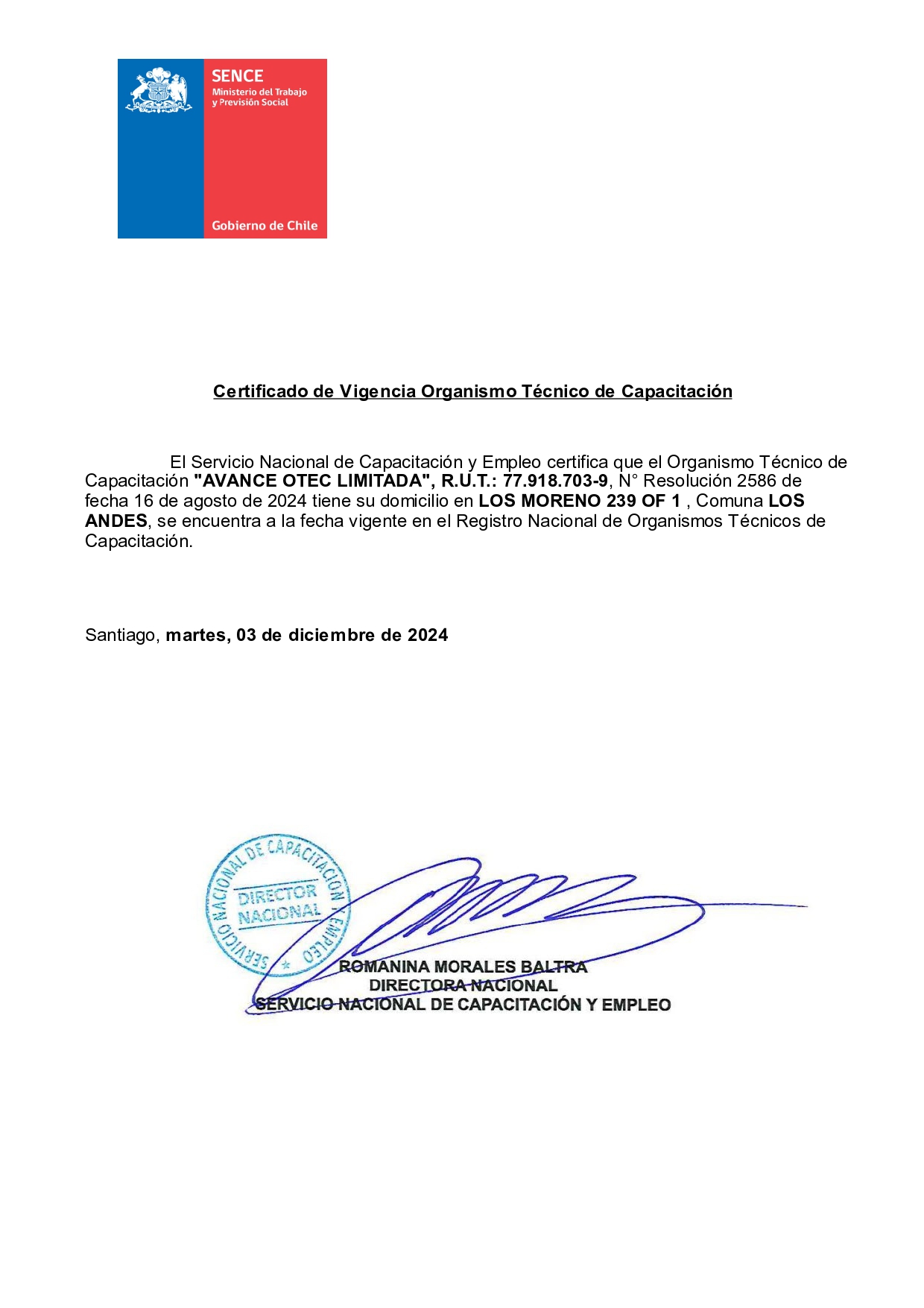 Certificado Vigencia OTEC