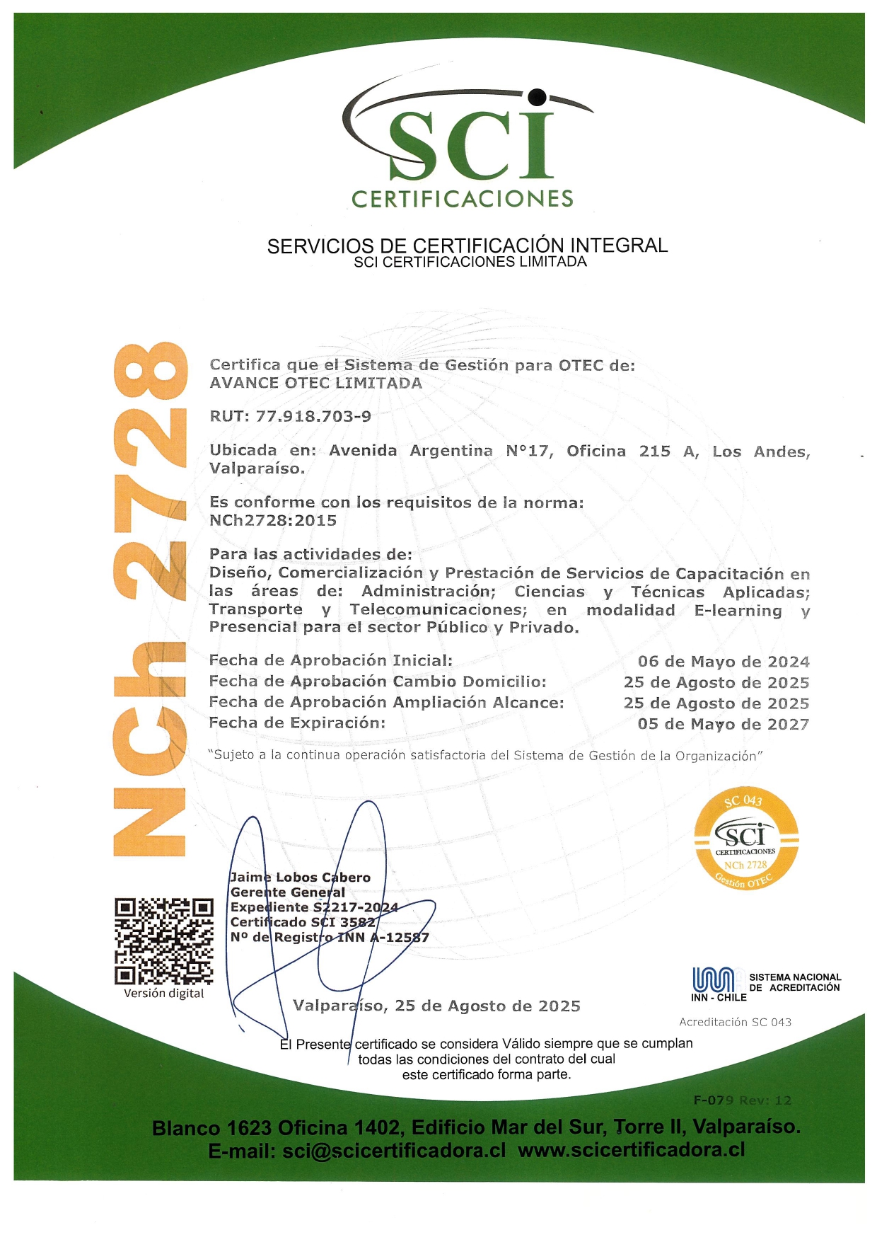 Certificado Norma NCh 2728 - Página 1